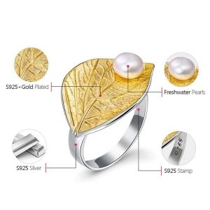 Позлатен Сребърен пръстен Пръстен Leaf Pearl с естествена перла