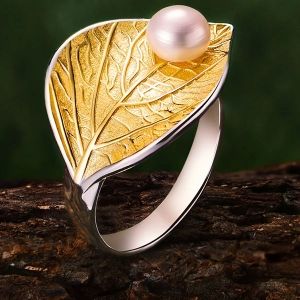 Позлатен Сребърен пръстен Пръстен Leaf Pearl с естествена перла